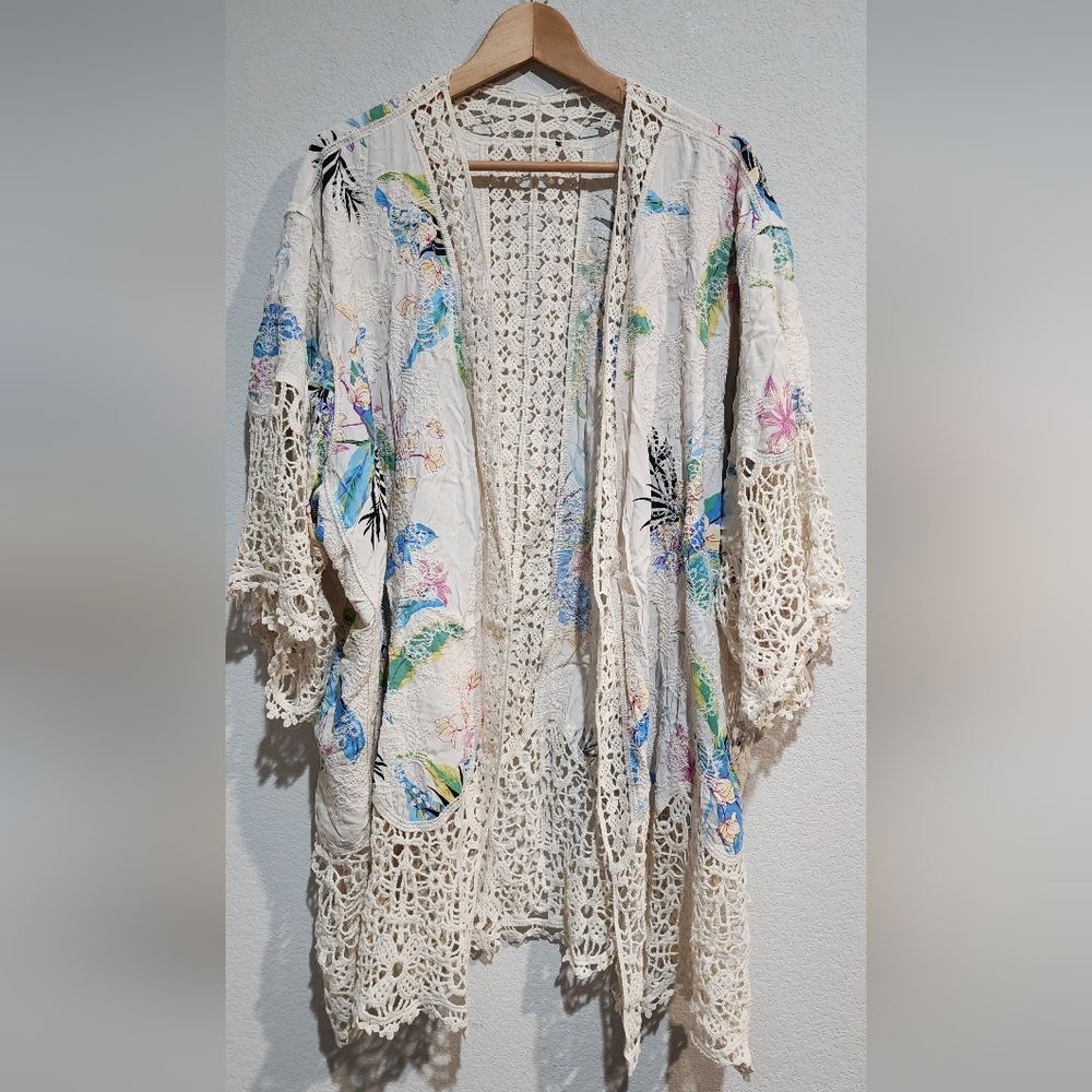 Spiaggia Dolce Cardigan Womens Cream Kimono Floral Crochet Embroidered Boho